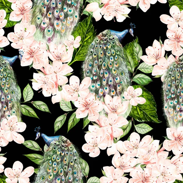 Schöne Aquarell nahtlose Muster mit Pfauenvogel und Blumen. — Stockfoto