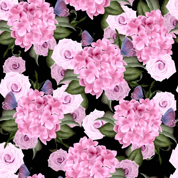 Schönes buntes Muster mit Hortensien und Rosenblüten, Blättern. — Stockfoto