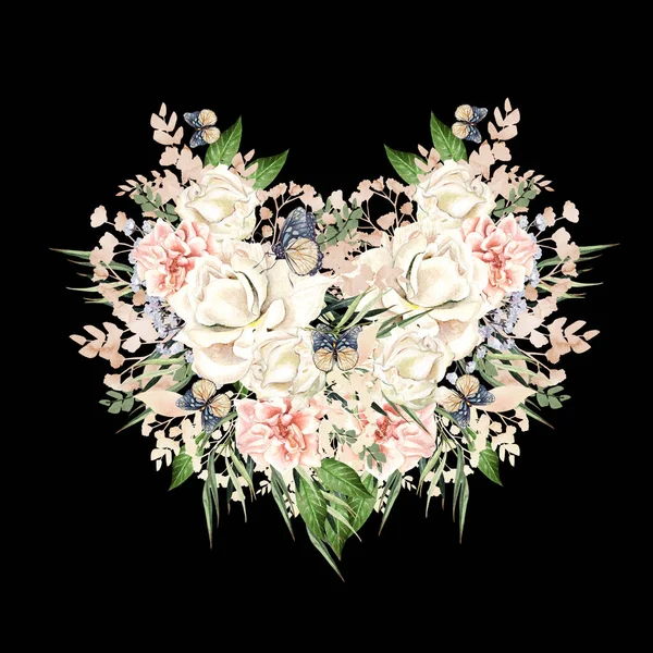 Belo buquê de aquarela com rosas e flores de peônia, folhas e borboletas . — Fotografia de Stock