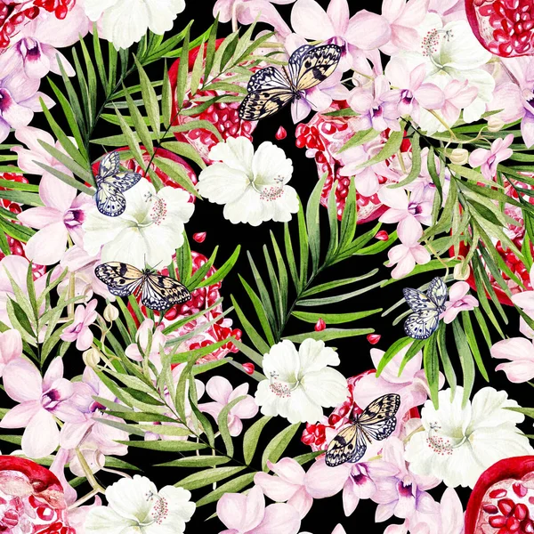 Beautiful watercolor seamless pattern with tropical leaves, pomegranate fruits, orchids and hibiscus flowers.