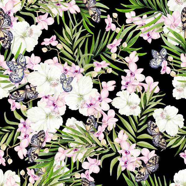 Beautiful watercolor seamless pattern with tropical leaves, orchids and hibiscus flowers. 