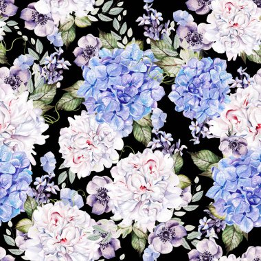 Şakayık, hudrangea ve şakayık desenli suluboya desen. 