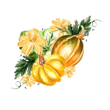 Güzel suluboya sonbahar çelengi suluboya balkabakları ve çiçeklerle. 