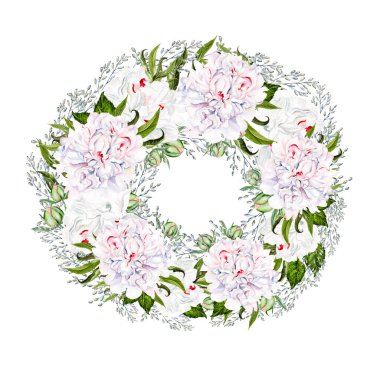 Güzel suluboya düğün çelengi suluboya şakayık, yaprak ve böğürtlen. 