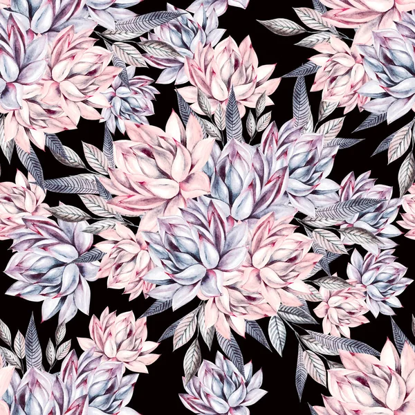 수채화 피는 선인장 배경입니다. 꽃, 원활한 패턴과 이국적인 선인장. 즙이 많은 식물과 선인장 정원 패턴입니다. 손으로 그린 수채화 — 스톡 사진