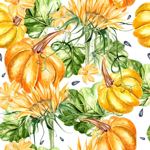 Bright watercolor seamless pattern with pumpkin vegetables and sunflowers. — Stock Photo, Image