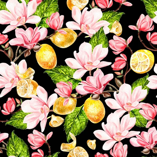 Nahtloser Hintergrund mit Aquarellen Magnolie und Zitrone. — Stockfoto
