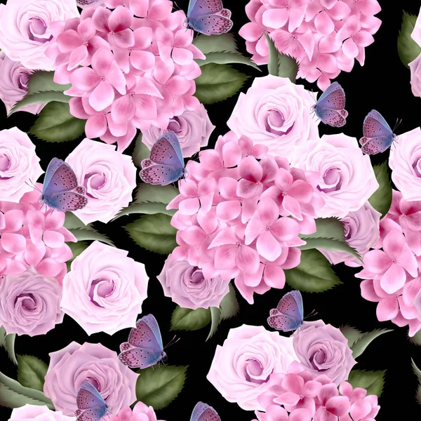 Schönes buntes Muster mit Hortensien und Rosenblüten. — Stockfoto