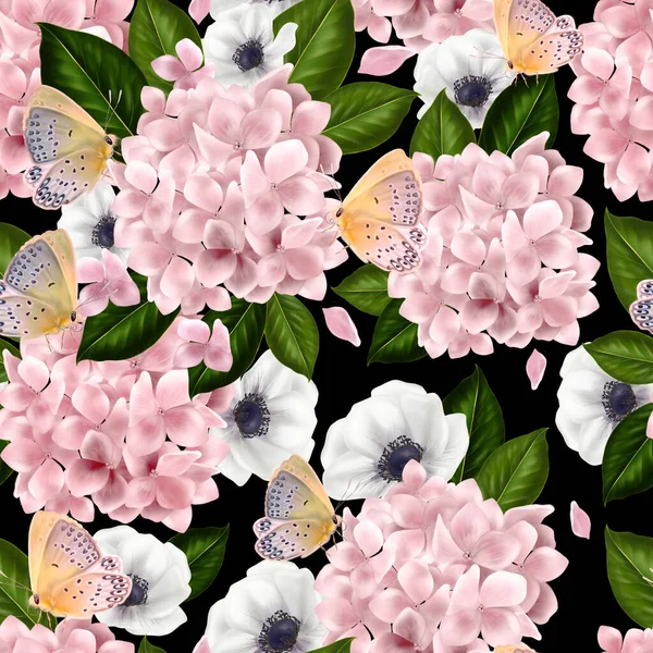 Beautiful colorful pattern with flowers and leaves of hydrangea and anemone. — Stock Photo, Image