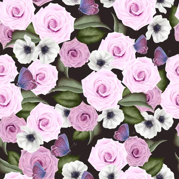 Bellissimo modello colorato con rose e fiori di anemone, foglie . — Foto Stock