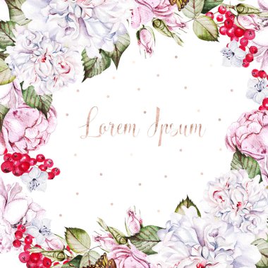 rengarenk düğün kartı şakayık, gül ve üzümlü, yapraklı. 