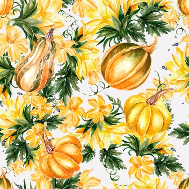 Balkabağı sebzeli ve ayçiçekli parlak sulu boya deseni. 