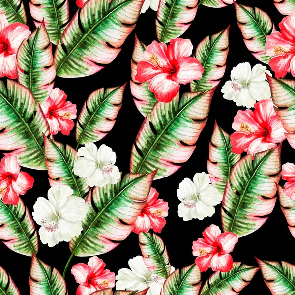 Beautiful watercolor seamless pattern with tropical leaves and hibiscus flowers. — Stock Photo, Image