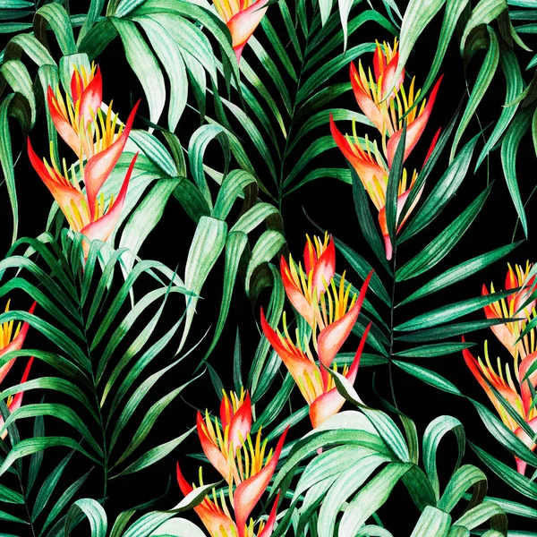 Schönes Aquarell nahtloses Muster mit tropischen Blättern, Strelitzia-Blüten. — Stockfoto