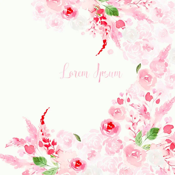 Hermosa tarjeta de acuarela con rosas y flores de peonía . — Foto de Stock