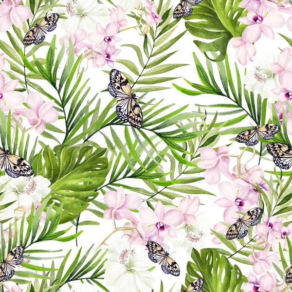 Beautiful watercolor seamless pattern with tropical leaves, orchids and hibiscus flowers. — Stock Photo, Image