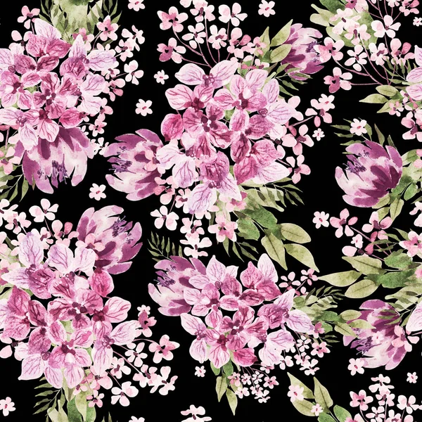 Beautiful Watercolor seamless pattern with roses and peony flowers. — Stock Photo, Image