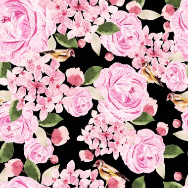 Güzel suluboya desenli güller ve şakayık çiçeklerle. 