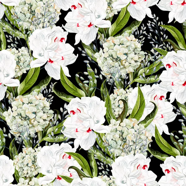 Mooie aquarel naadloos patroon met pioenbloem en hortensia. — Stockfoto
