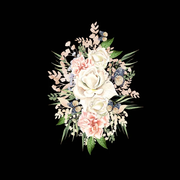 Όμορφο μπουκέτο ακουαρέλας με τριαντάφυλλα και λουλούδια παιώνιας, φύλλα και πεταλούδες. — Φωτογραφία Αρχείου