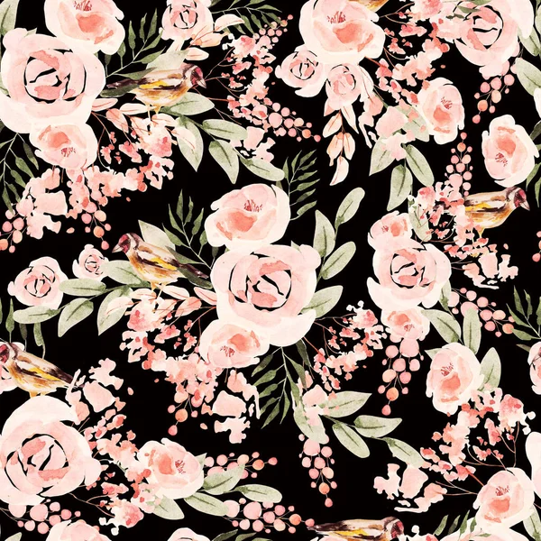 Hermoso patrón sin costuras de acuarela con rosas y flores de peonía . — Foto de Stock