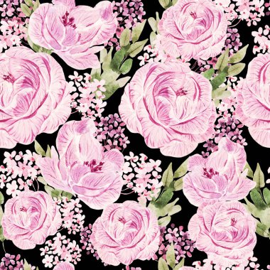 Güzel suluboya desenli güller ve şakayık çiçeklerle. 