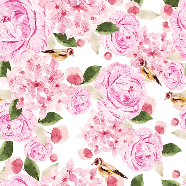Hermoso patrón sin costuras de acuarela con rosas y flores de peonía . — Foto de Stock