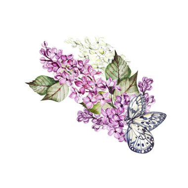 Leylak çiçekli suluboya düğün buketi. 