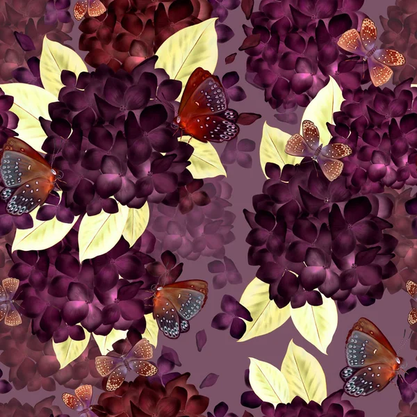 Mooi kleurrijk patroon met bloemen en bladeren van hortensia. — Stockfoto