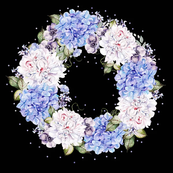 Watercolor colorful wreath with peony, hudrangea and anemone. — Stok fotoğraf