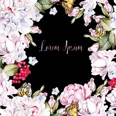 Watercolor wedding card with peony, roses  and red currant, leaves. 
