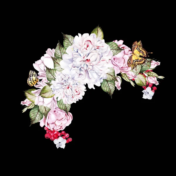 Schöne Aquarellkarte mit Pfingstrose, Rose und Blättern. Hochzeitskranz. — Stockfoto