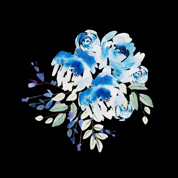 美しい水の色の結婚式バラの花と牡丹の青い花輪、葉. — ストック写真