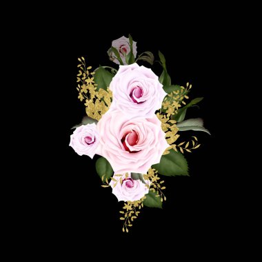 Gül ve tomurcuklu buket, yapraklı. 