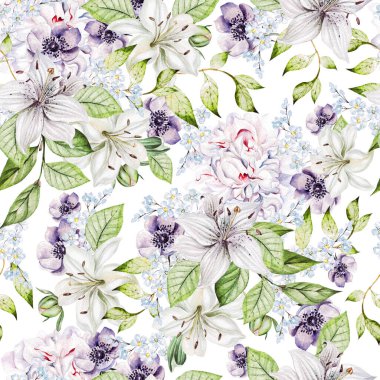 Şakayık, zambak ve şakayık çiçekli suluboya deseni.