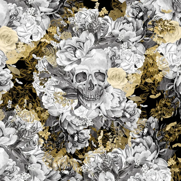 Watercolor card with skulls and different flowers. Not seamless pattern. — Stock Photo, Image