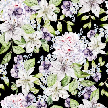 Şakayık, zambak ve şakayık çiçekli suluboya deseni.