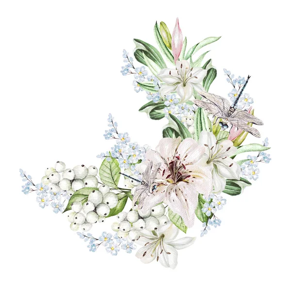 Akvarell koszorú liliomvirágokkal, rügyekkel és levelekkel. — Stock Fotó
