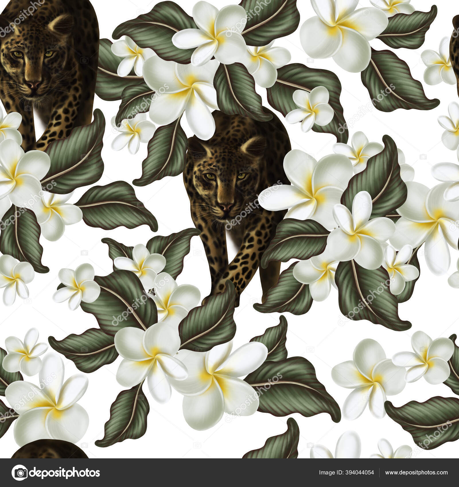Download Beautiful Digital Seamless Pattern With Tropical Leaves Plumeria Flowers And Animal Leopard Stock Photo Image By C Knopazyzy 394044054