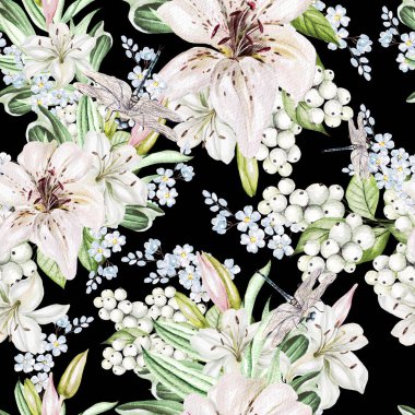 Çiçekler, zambaklar ve böğürtlenlerle romantik suluboya deseni. 