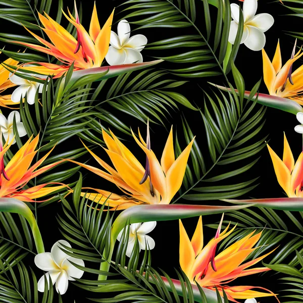 Krásný digitální bezešvý vzor s tropickými listy, plumeria květy a strelitzia květy. — Stock fotografie