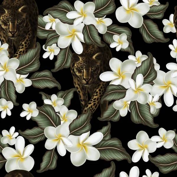 Piękny cyfrowy bezszwowy wzór z tropikalnych liści, kwiatów plumerii i lamparta zwierząt. — Zdjęcie stockowe