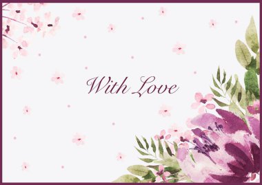 Güllü, şakayıklı ve yapraklı suluboya düğün kartı. 