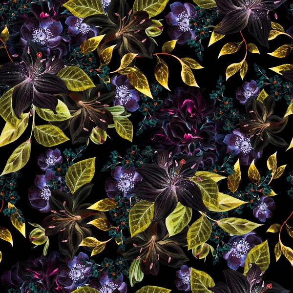 รูปแบบสีน้ําที่มีสีสันกับดอกโบตั๋น, ลิลลี่และดอกไม้ anemone . — ภาพถ่ายสต็อก