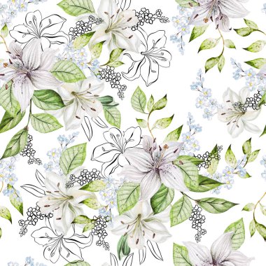 Zambak ve çiçeklerle suluboya desenler. 