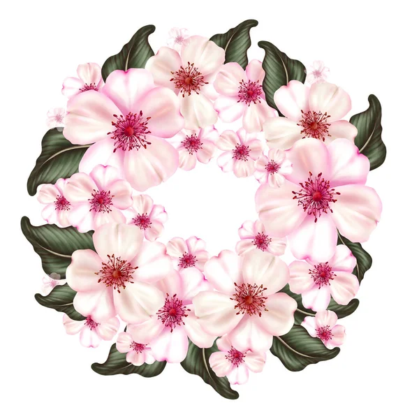 Cereja japonesa flor grinalda com flores rosa e folhas verdes. — Fotografia de Stock