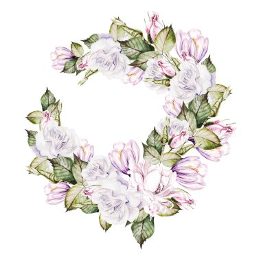 Gül ve kruvaze çiçekli suluboya buket.