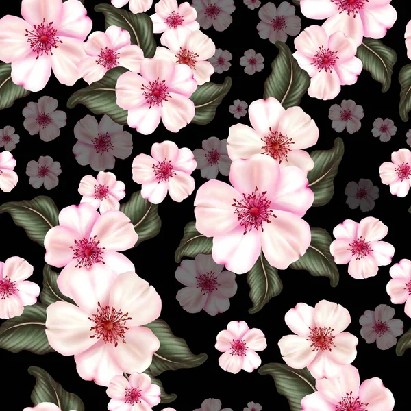 Japanische Kirschblüte nahtloses Muster mit rosa Blüten und grünen Blättern. — Stockfoto