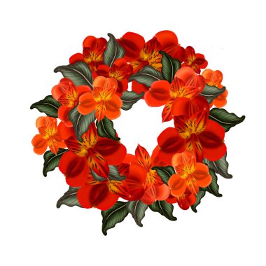 Dijital çelenk, Alstroemeria 'nın yuvarlak çiçekleri, zambaklar. Bahar tebrik kartı düğünü, mutlu yıllar, Sevgililer Günü, 8 Mart, reklamlar, satışlar, indirimler, etiketler.