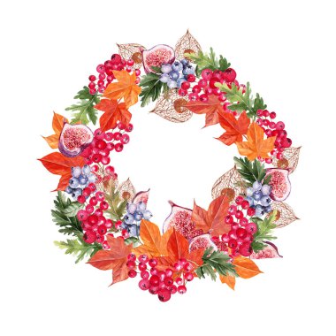 Yapraklı, yaban mersinli, viburnum üzümlü, fitil ve incirli güzel sonbahar suluboya çelengi..